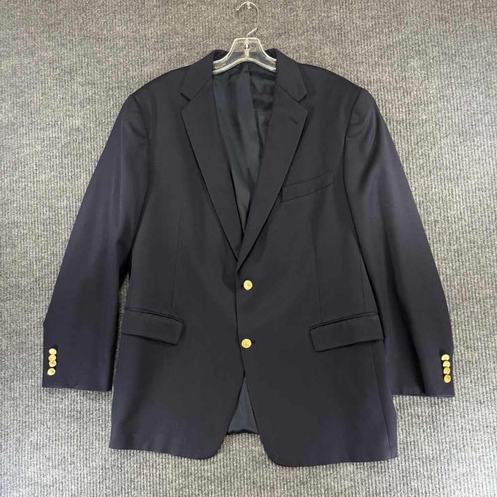Hart Schaffner Marx Gold Navy Blue Blazer Mens 46R Two Button Gold Crest USA